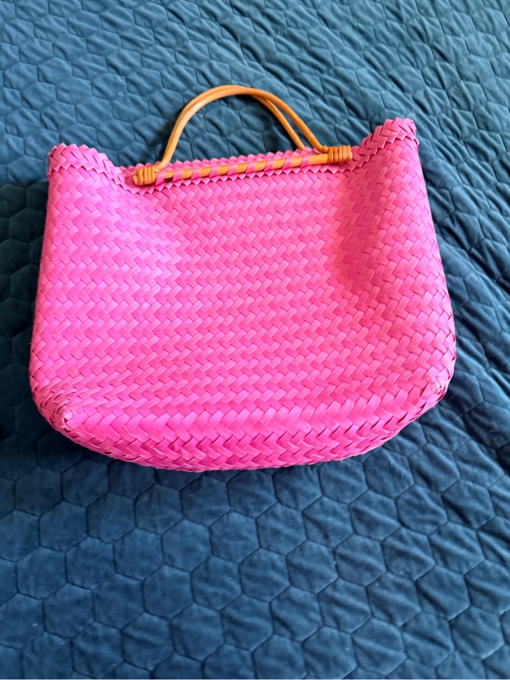 Cappelli Bright Pink Woven Tote with Tan Handles Vintage Large